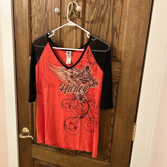 Harley-Davidson El Paso Red and Black Mesh Bejeweled Quarter Sleeve Top Large - Picture 3 of 8
